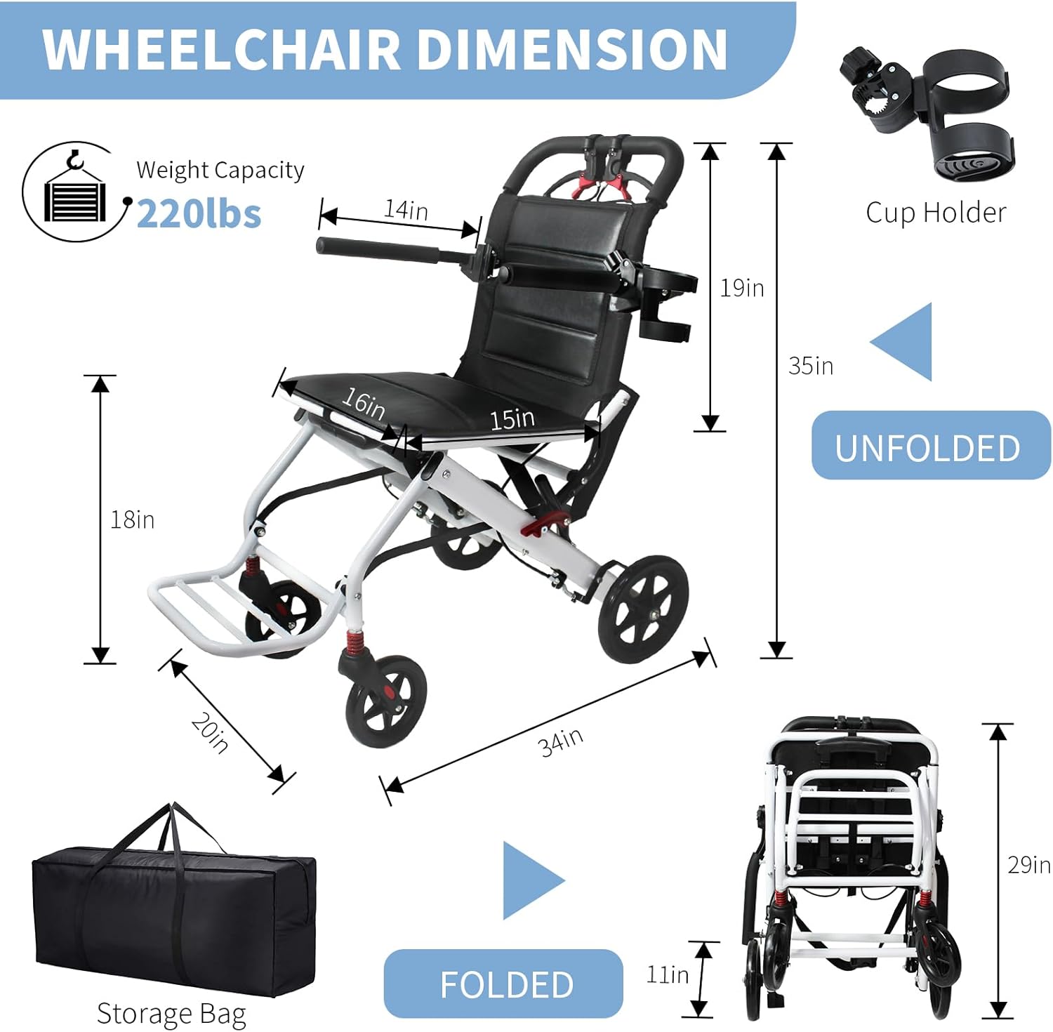 Lightweight Transport Wheelchair with Telescopic Handle, Folding Travel Wheelchairs for Adults Seniors Kids, Portable Padded Transport Chair with Travel Bag, Support 220lbs