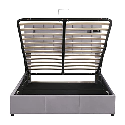 Lift Up Storage Bed Queen, Upholstered Queen Bed Frame with LED Light, Bluetooth Player and USB Charging,Velvet Fabric Platform Bed Frame for Teens Adults, No Box Spring Needed(Grey)