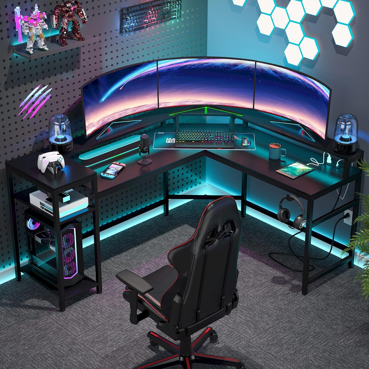 L Shaped Gaming Desk: Computer Desk with Power Outlet & LED Stripe, Modern Coner L Desk with Storage Shelves for Home Office - Black