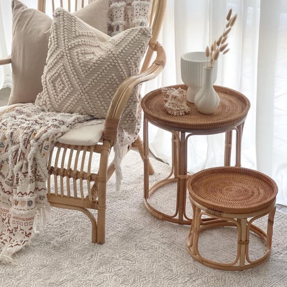Rattan Side Table Table Set, Bedside Table Set, Minimalist Living Room Tables, Small Light Tables, End Table, Round Modern Coffee Table, Rattan Furniture, Coffee Table Nightstand for Living Room