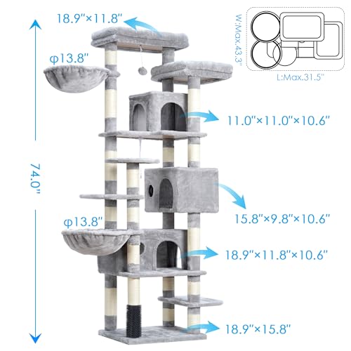 Hey-brother Cat Tree, 74 inches Multi-Level XL Large Cat Tower for Indoor Cats with Three Cat Condos, Two Large Top Decks and Cat Hairbrushfor Kittens, Cats and Pets, Light Gray MPJ035-MW