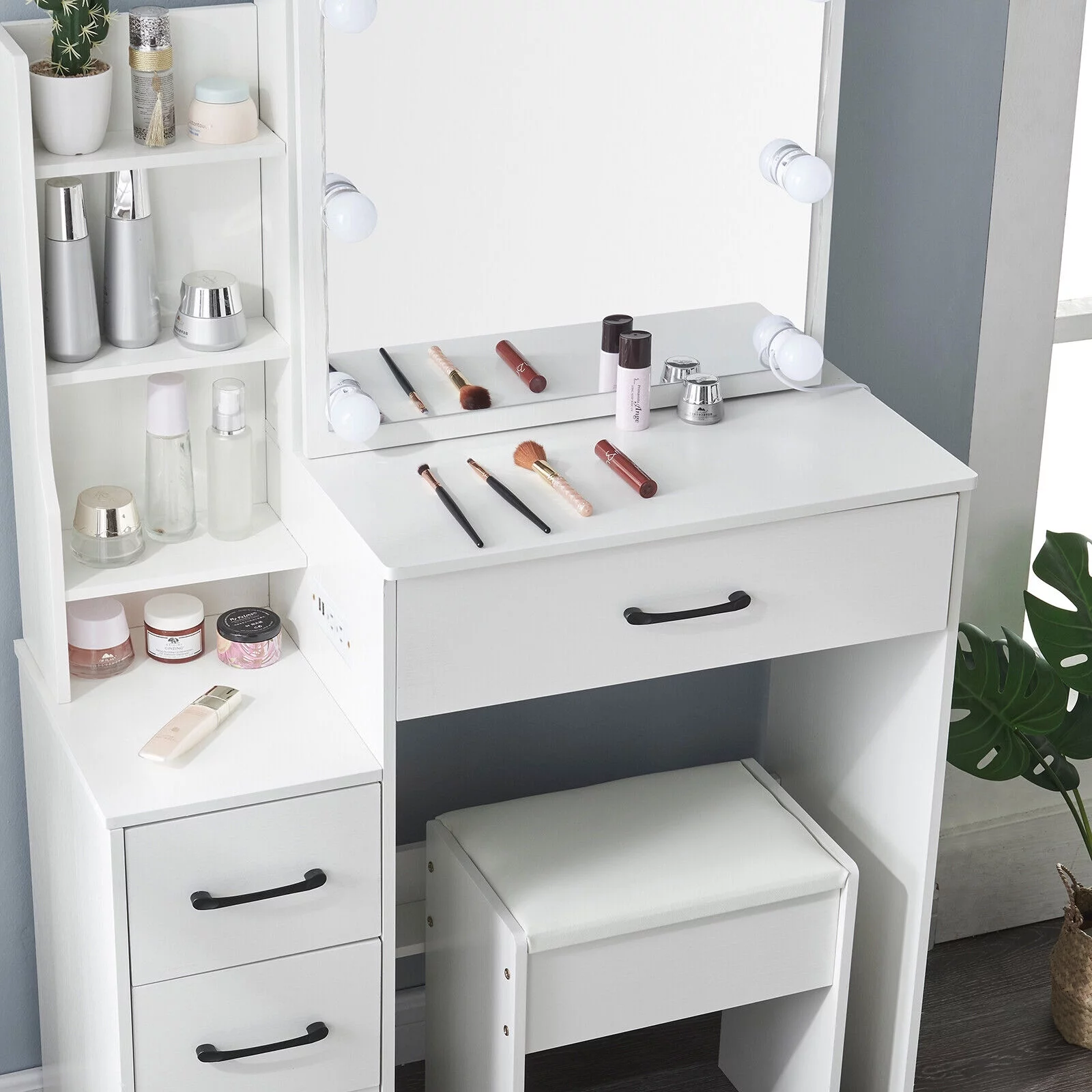 4 Drawers Makeup Vanity Desk with Power Outlet & Stool Mirror and 10 Bulbs Light