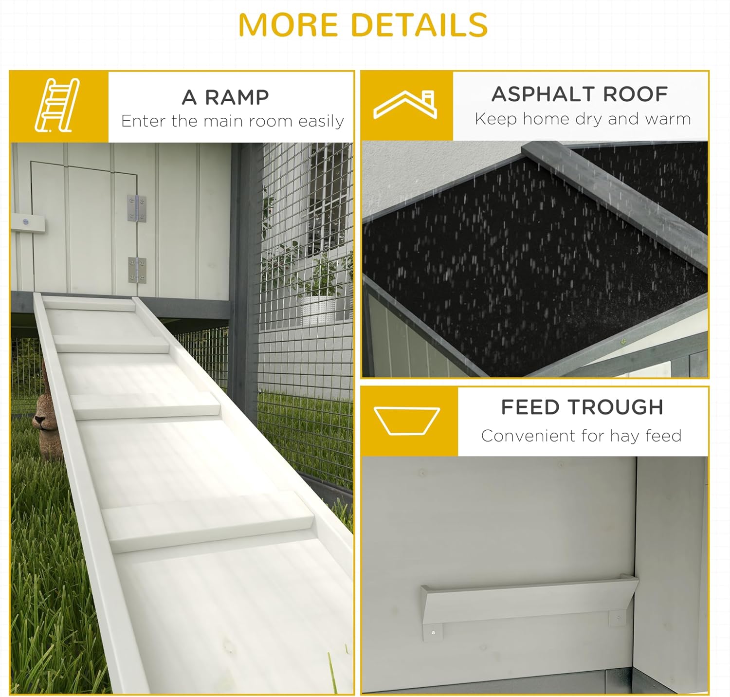 Large Rabbit Hutch Outdoor, 2-Tier 61" L Rabbit Cage with Run Feeding Trough Wooden Guinea Pig Hutch with Removable Tray, Ramp, Asphalt Roof, for 1-2 Rabbits, White