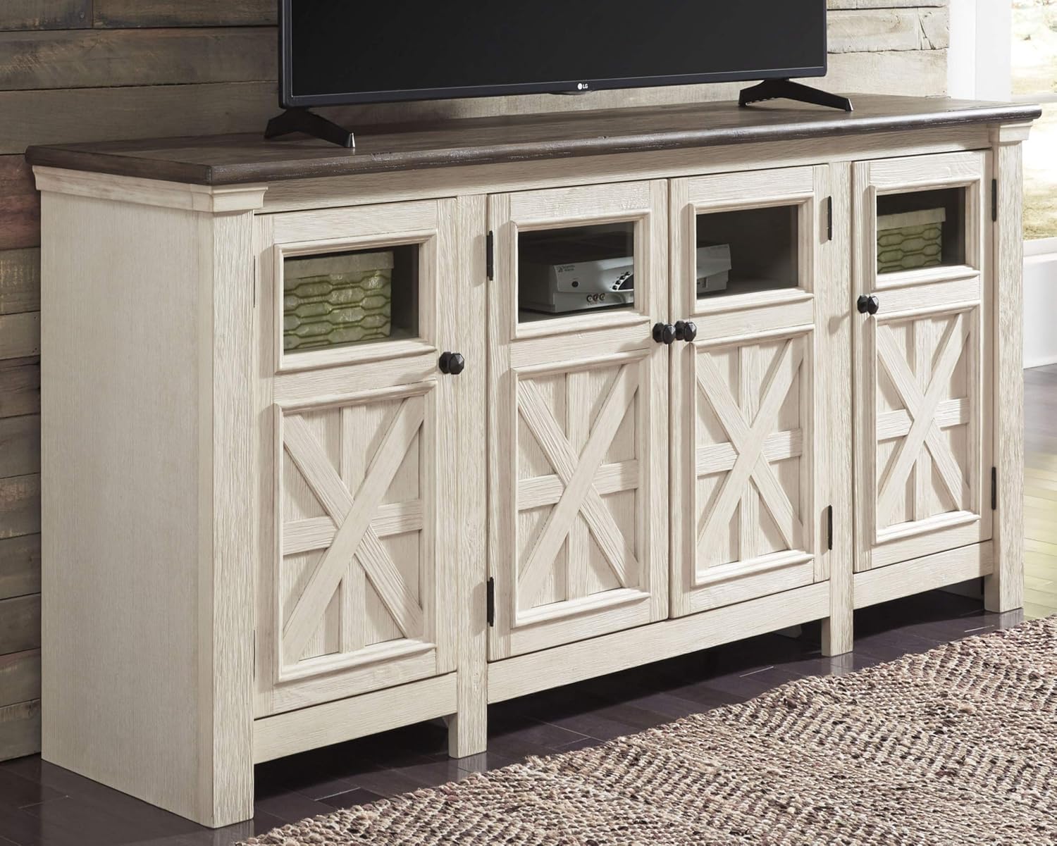 Signature Design by Ashley Bolanburg Two Tone Farmhouse TV Stand, Fits TVs up to 72, 3 Cabinets and Adjustable Storage Shelves, Whitewash
