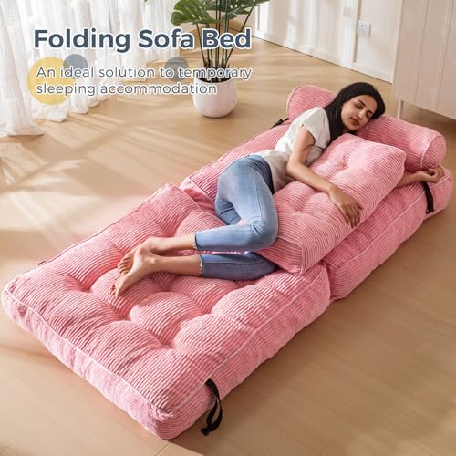MAXYOYO Folding Sofa Bed, Convertible Sleeper Chair with Pilow Foldable Matress with Back Support, Portable Fold Out Chair Bed Comfy Floor Sofa Lounge for Living Room Bedroom, Pink, Single