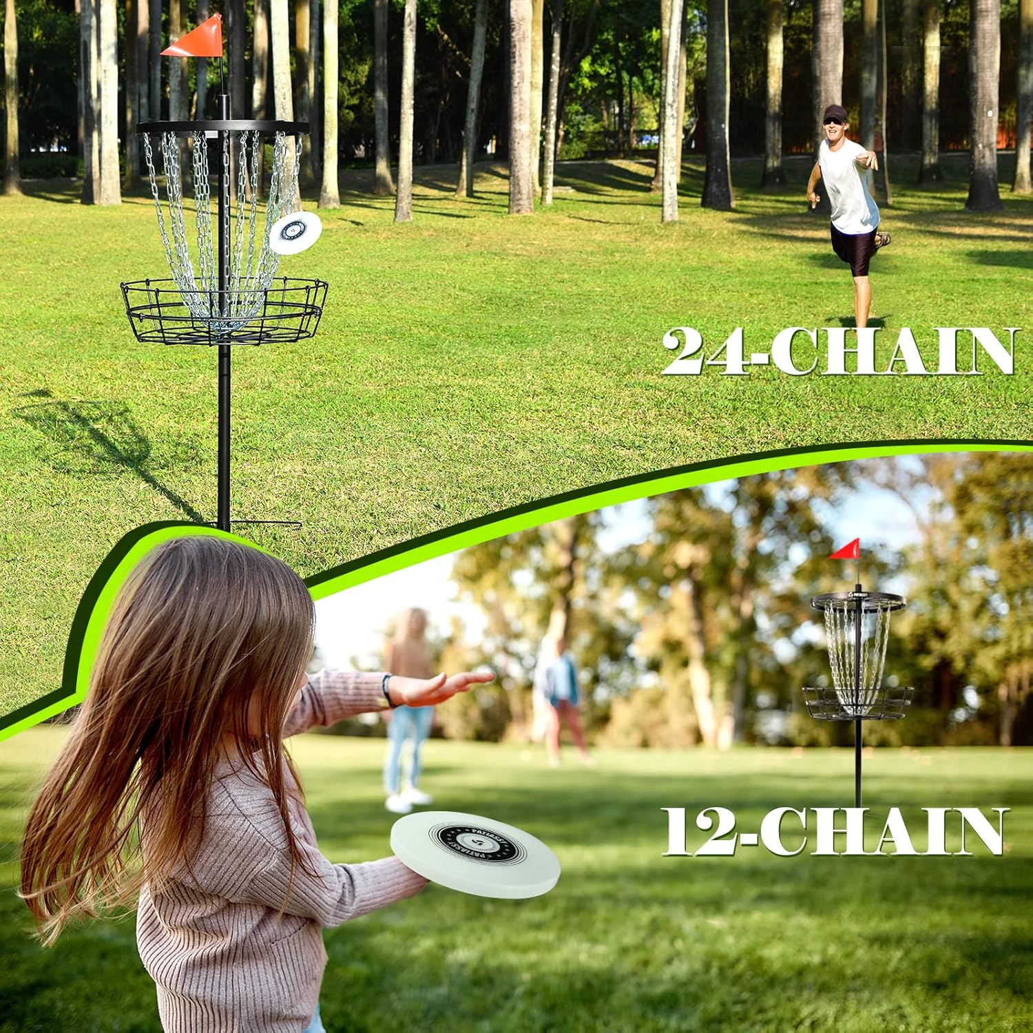Portable Disc Golf Basket with 24/12 Chains for Two Difficulty Levels of Practice Golf Target for Disc Golf Night Practice