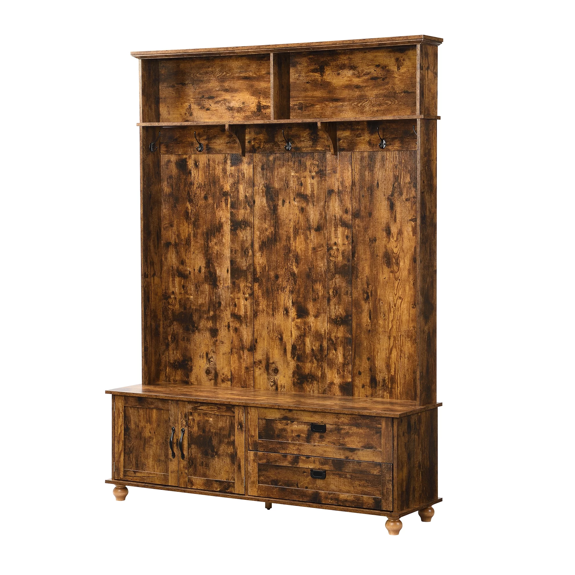 Modern Style Hall Tree with Storage Cabinet and 2 Large Drawers, Widen Mudroom Bench with 5 Coat Hooks, Rustic Brown