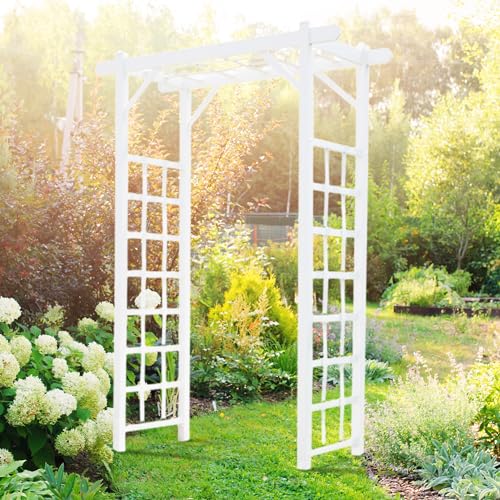 Dura-Trel Elmwood Arbor, 57 by 84 Inch PVC Patio Garden Arch, Outdoor Lattice Frame Decoration or Trellis for Climbing Plants, White