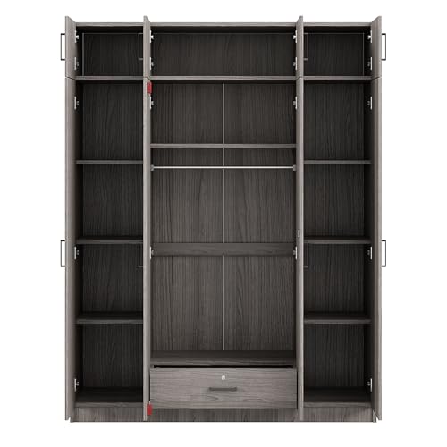 Wardrobe Armoire with 4 Doors, Four-Door Design Mirror Wardrobe with Shelves, Drawers and Hanging Rod, Built-in Dressing Mirror, 68" H Freestanding Wardrobe Cabinet