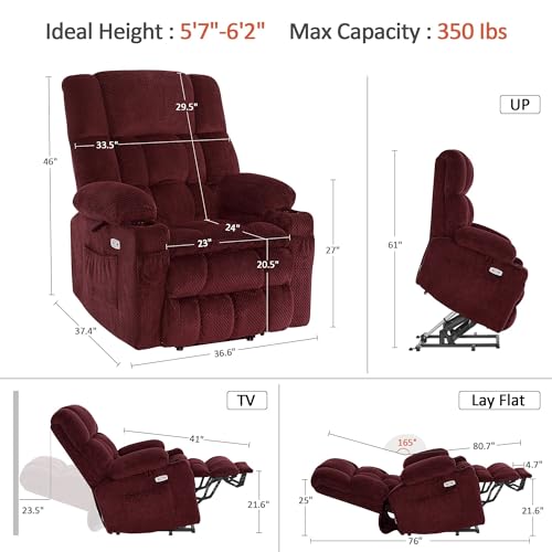 MCombo Dual Motor Power Lift Recliner Chair with Massage and Heat for Elderly People, Infinite Position, USB Ports, Cup Holders, Fabric 7890 (Medium-Regular, Burgundy)