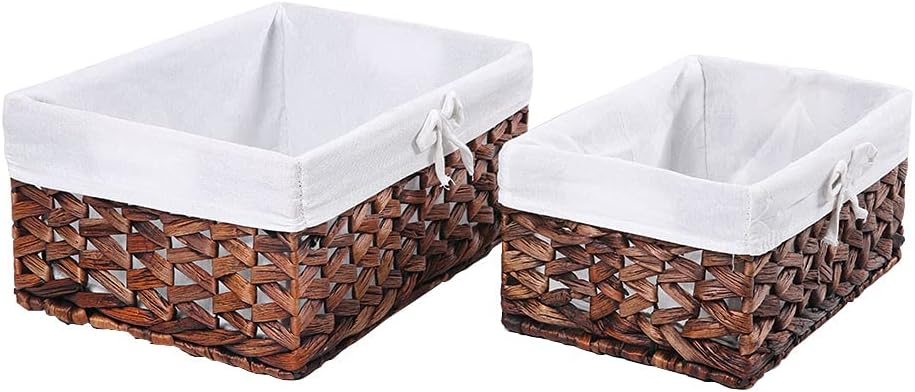 HDKJ Woven Storage Baskets with Liner, Water Hyacinth Rectangular Decorative Bins for Parlor Bedroom Bathroom Laundryroom Shelves Organizing. (QZXW-Set of 2) Pack of 2