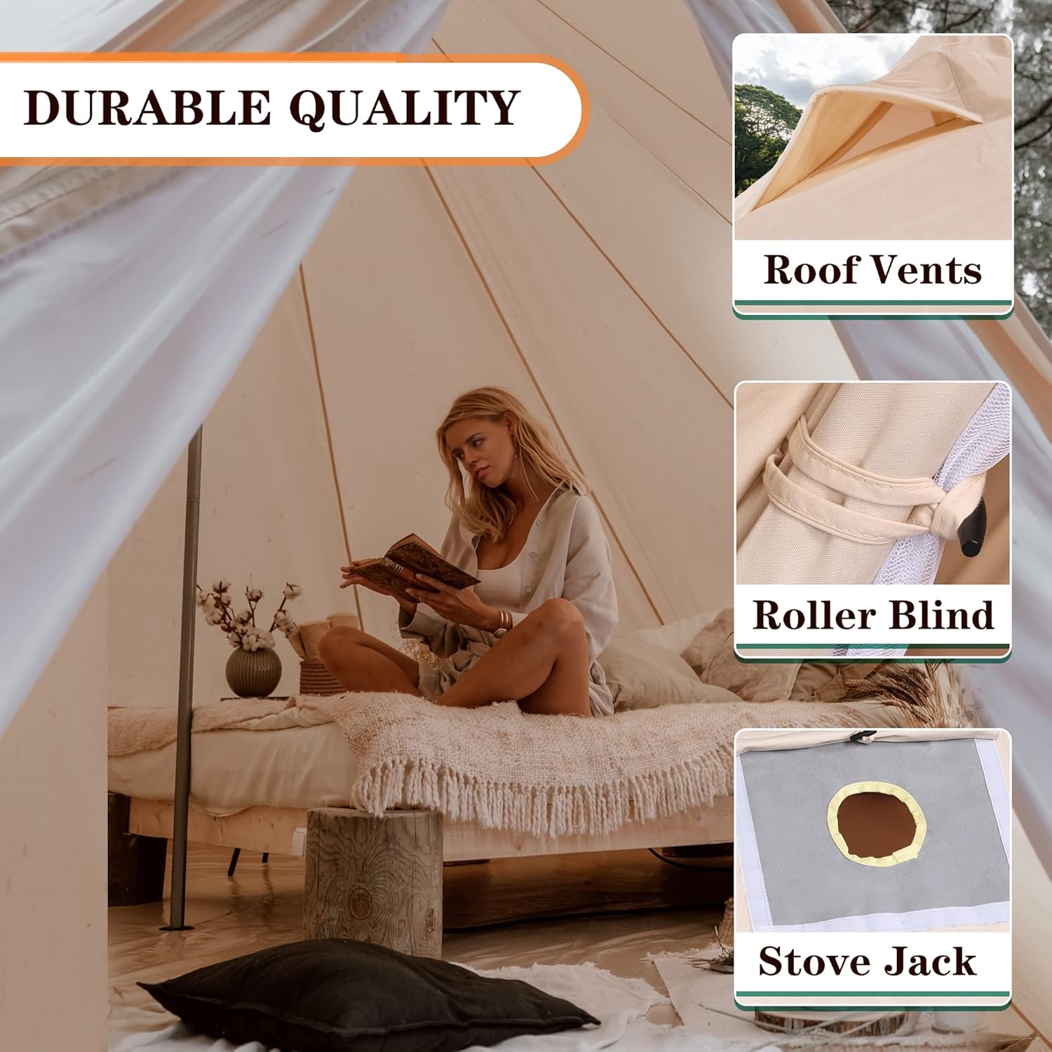 Canvas Tent with Stove Jack, 4 Season Waterproof Camping Tent 4/6 Person Luxury Outdoor Glamping Yurt for Camping, Cotton Bell Tent for Winter Camping for Hunting Party
