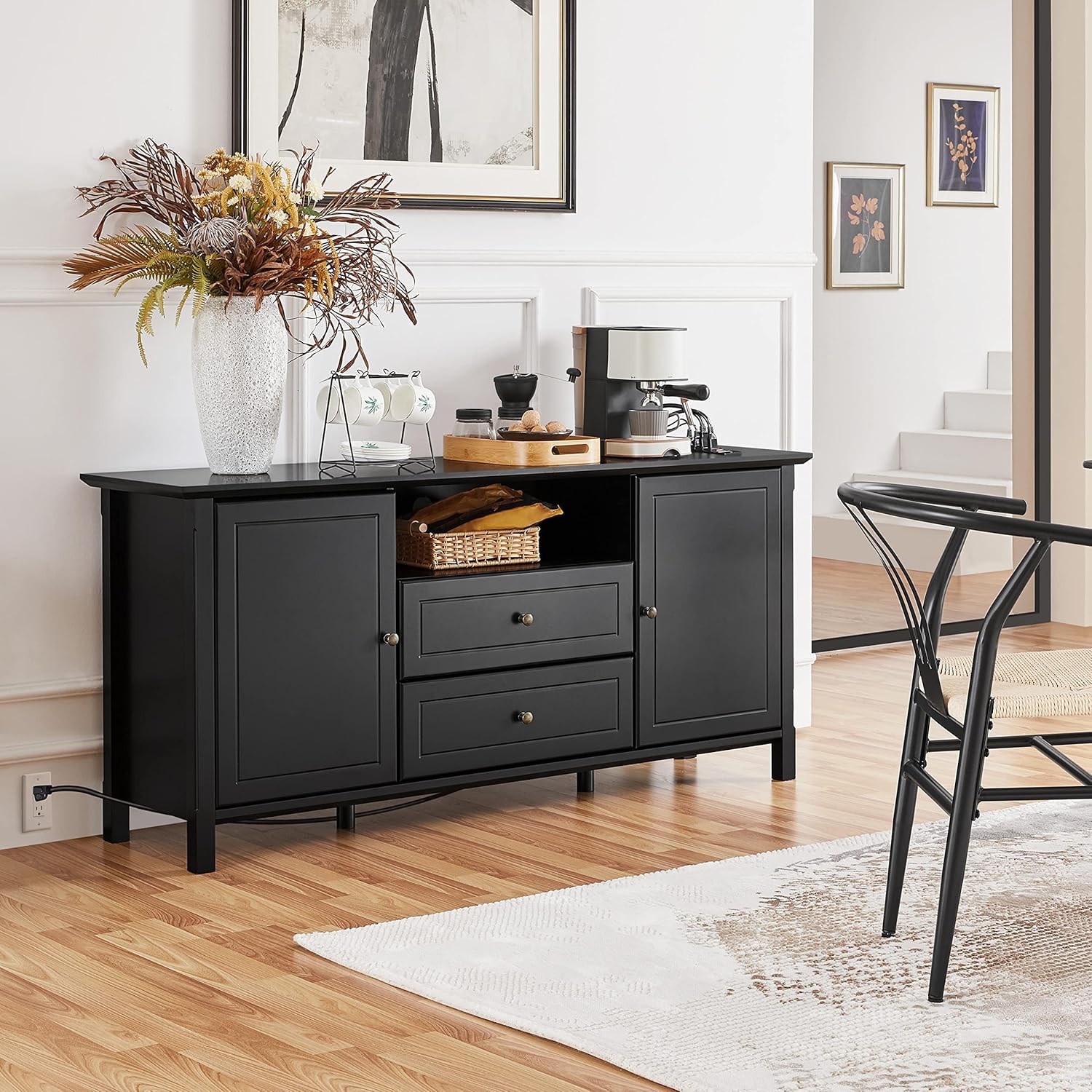 Topeakmart Black Media Entertainment Center with Power Outlet & Storage Cabinets, Elegant TV Stand with Adjustable Shelves for Living Room, 58 in TV Console Table for TVs up to 65 in