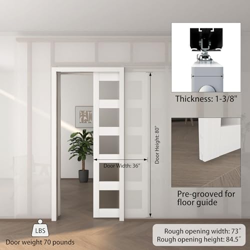 JUBEST Pocket Door 36"x80", 5-Panel Tempered Frosted Glass Sliding Pocket Door with Soft Close Pocket Door Frame Kit, Water-Proof PVC Surface, Assembly Needed, White
