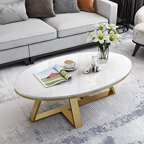 Marble Coffee Table - Oval Sintered Stone Top with Marble Texture | Stylish White Center Table for Living Room | Stable Metal Frame | Ideal for Small Spaces Home Office | 31in 35in