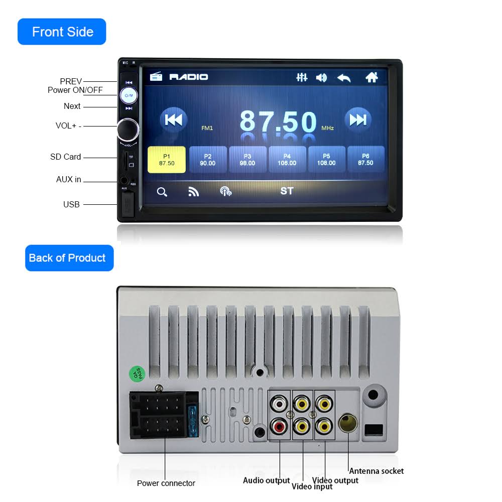 Podofo 7 inch 2 DIN HD1080P Car MP5 Player Stereo Bluetooth Multimedia MP5 Player Digital Touchscreen Radio with USB Port, Aux I