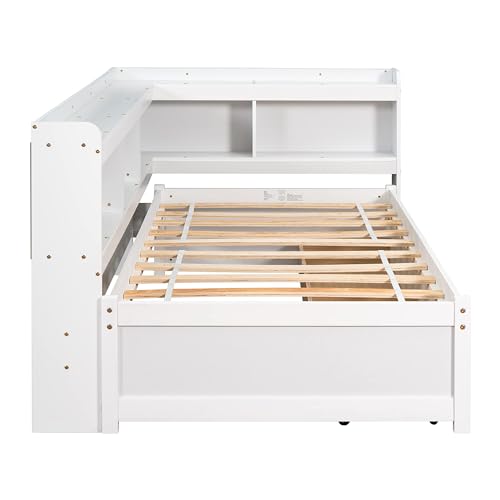 DEINPPA Twin Size Bookcase Bed, L Shape Captain Bed Frame with Storage Drawers, Wooden Platform Bed with Bookcase Headboard, Hug Bed Frame for Kids Teens Boys Girls-White