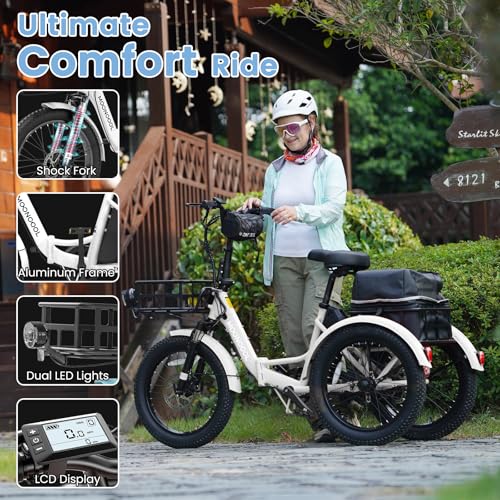 MOONCOOL Electric Tricycle for Adults, 500W/750W 48V 20" Folding Electric Trike Peak Power 1100W, 3 Wheels Electric Bicycle, Aluminum Frame Electric Tricycle with Large Basket and Removable Battery