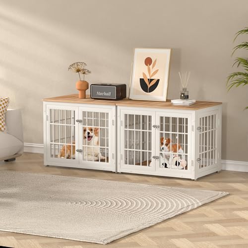 48 Inch Heavy Duty Dog Crate Furniture for Large Dogs, Decorative Pet House End Table, Extra Large Wooden Cage Kennel Furniture Indoor, Natural and White