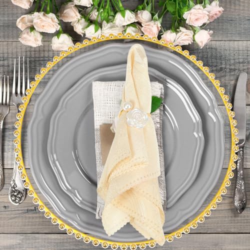 Tioncy 100 Pcs Clear Charger Plates Bulk Beaded Charger Plates and Napkin Rings 13 Inch Plastic Round Chargers for Dinner Plates Wedding Party Event Table Decoration(Gold)