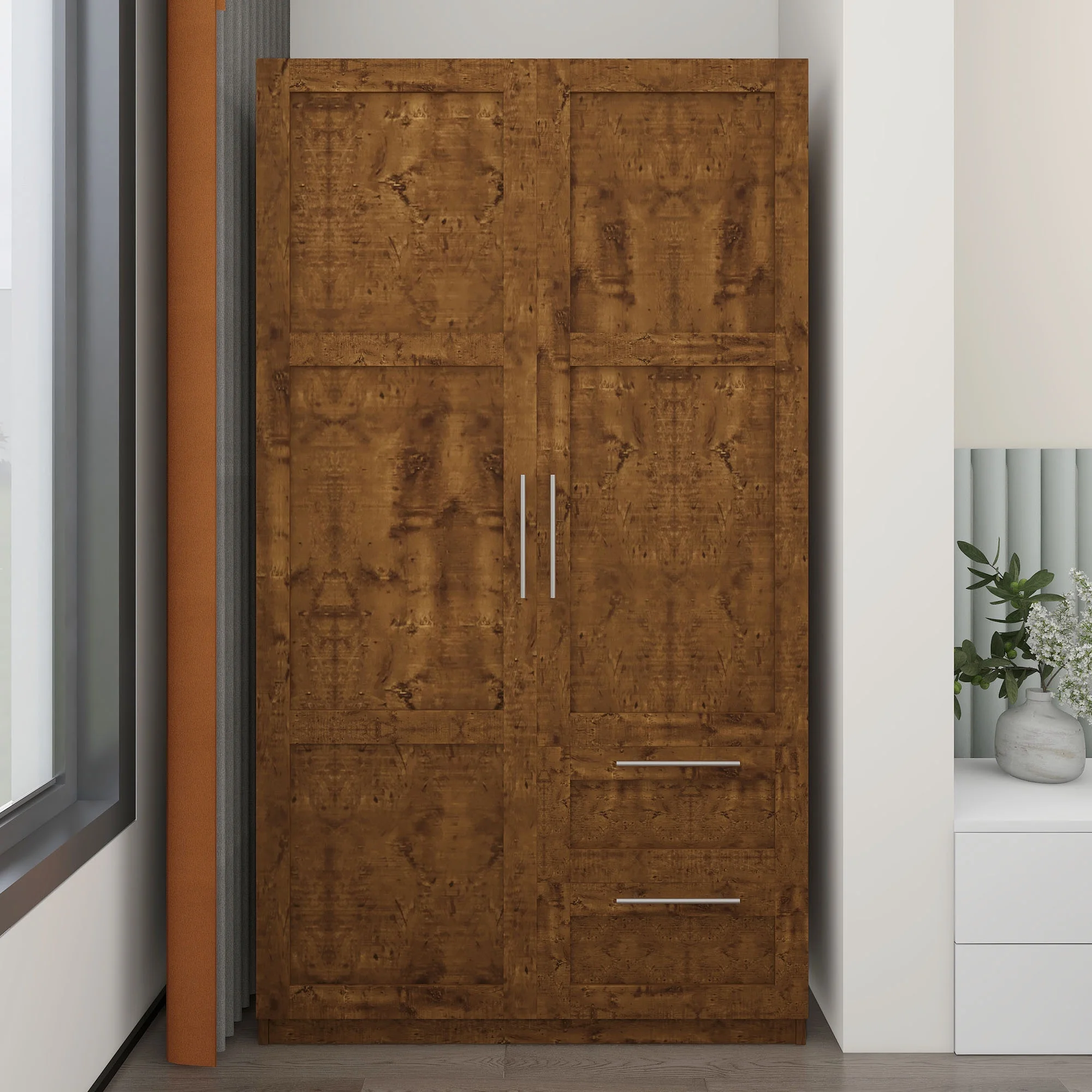 HIUU Double Wardrobe Cabinets,Wood Armoire with Drawers and Shelves for Living Room,Wood Armoire Wardrobe with Hanging Rod,Retro Brown