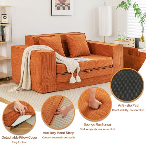 HOMREST 76" Convertible Memory Foam 3-seat Sofa, Pull Out Sleeper Sofa Bed, 2 in 1 Folding Couch Bed, Fold Out Floor Couch Corduroy Fabric with 3 Pillows for Living Room Bedroom Lounge (Grey)