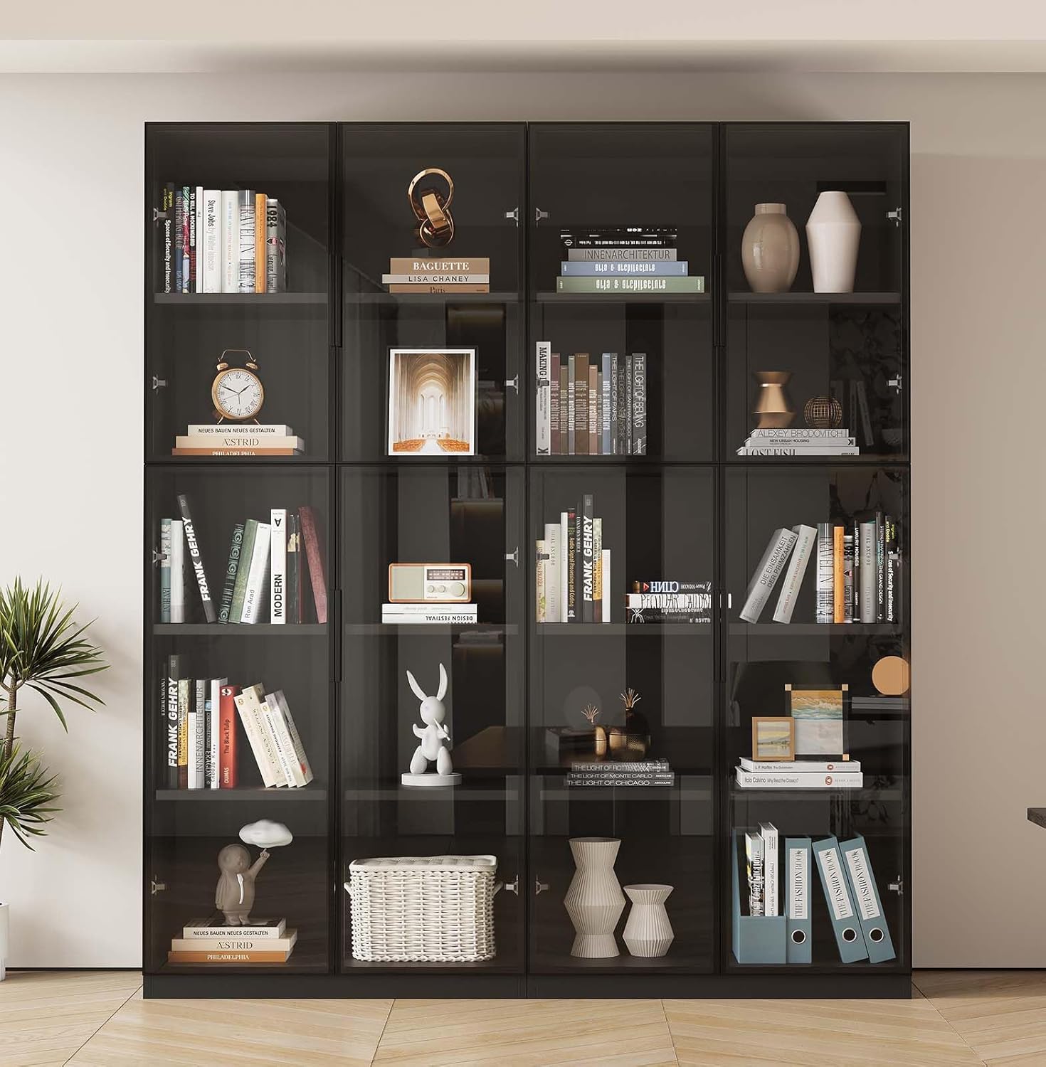 Display cabinet with LDE light and Glass Doors, Bookcase Bookshelf, Wooden Display Cabinet for Home Office, Living Room, and Dining Room - Black (31.5 "W x 16.5 "D x 78.7 "H)