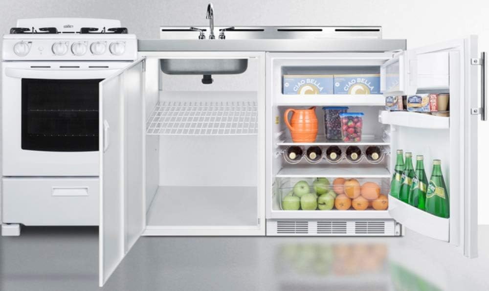 Summit Appliance ACK72GASW 72" Wide All-in-One Kitchenette with 115V 4-Burner Gas Range, Refrigerator-Freezer, Sink, Cutting Board and Cutlery Storage, and a Storage Cabinet