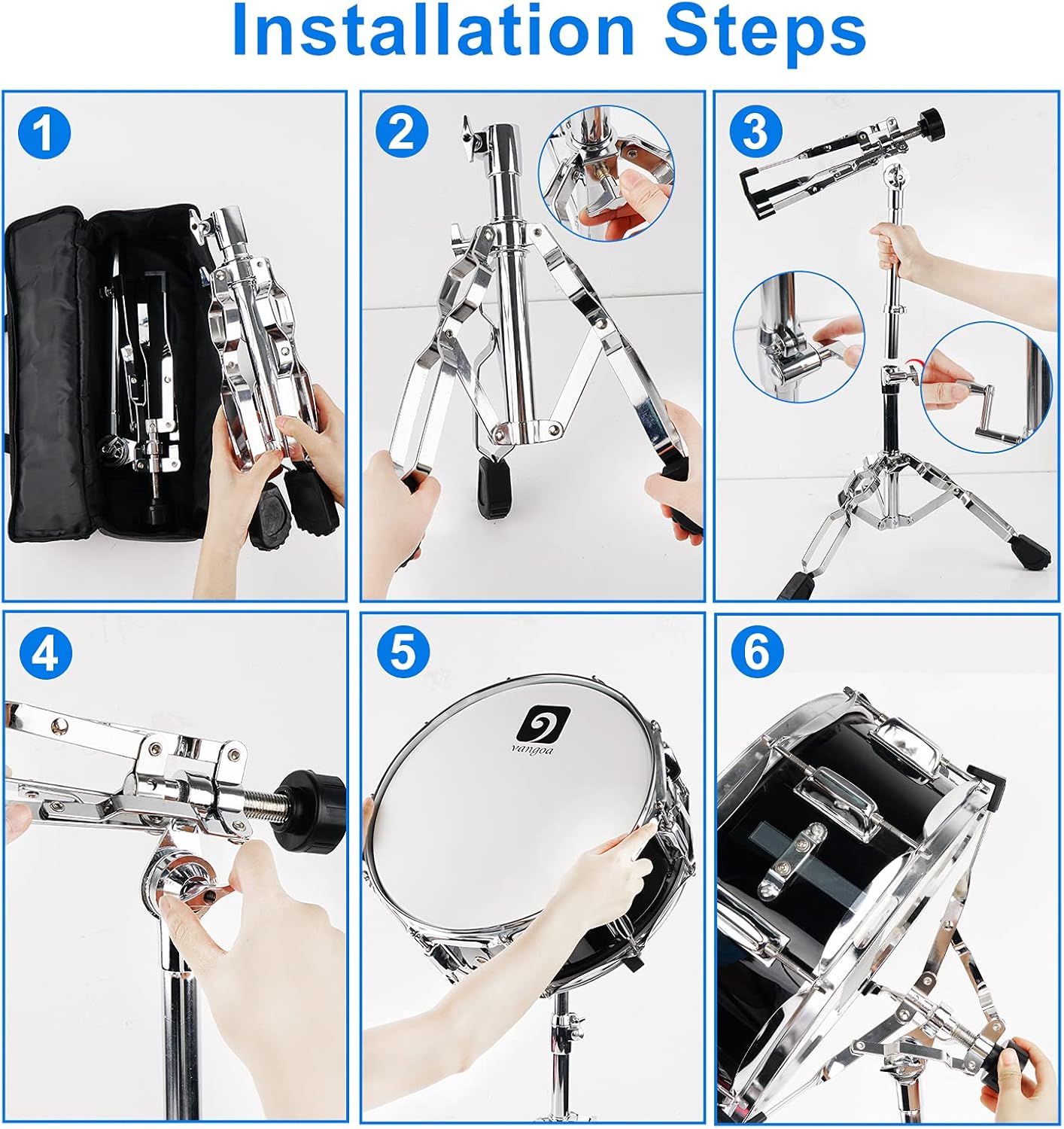 Vangoa Snare Drum Stand Lightweight Double Braced Adjustable Height with Carrying Bag Fit 10 to 15 Dia Drums