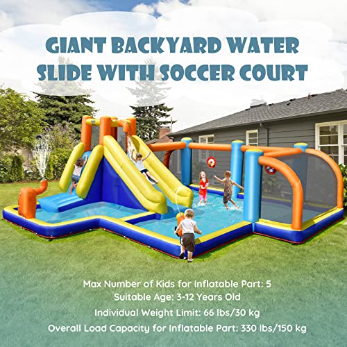 GLACER Inflatable Water Slide, 8-in-1 Blow Up Waterslide with Soccer Zone, Climbing Wall, 2 Water Cannons and Target Game, Water Bounce House with Carry Bag for Kids and Adults (with 735W Air Blower)