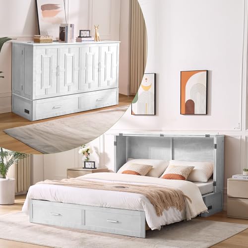 Queen Murphy Bed, Murphy Bed Cabinet with Charging Station, Storage Drawers & Foldable Mattress, Space-Saving Murphy Bed for Living Room & Bedroom (White)