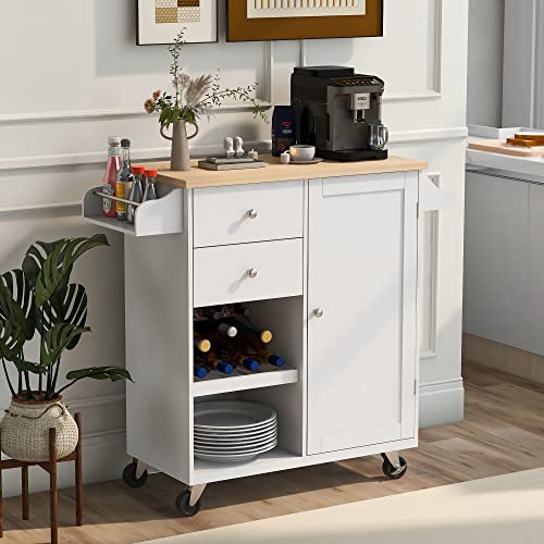 Kitchen Island Cart on Wheels with Storage, Rolling Cart Cabinet with 2 Drawers 2 Open Shelves 1 Adjustable Tray, Rubberwood Top Small Microwave Removable Trolley with Spice Rack and Towel Rack