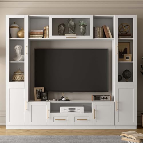 Entertainment Wall Unit for Living Room with Storage Bridge, Modern TV Stand with Glass Doors & Shelves, TV Media Console Table for TVs Up to 70", Entertainment Center with Bookshelves White