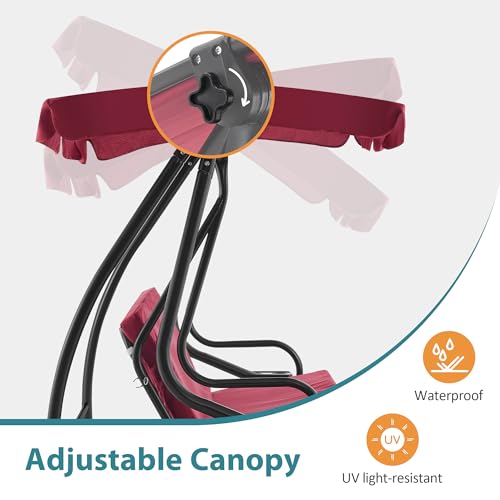 MCombo 3 Seat Patio Swing Chair, Outdoor Swing with Adjustable Canopy, Weather Resistant Steel Frame, Porch Swing Sets for Backyard, Poolside, Balcony, 4090 (Burgundy)
