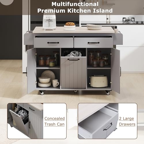 60" Kitchen Island with Drop Leaf and Power Outlet, Rolling Kitchen Cart on Wheels with Trash Can Storage Cabinet, Spice Rack, Towel Rack and Adjustable Shelf for Dining Room