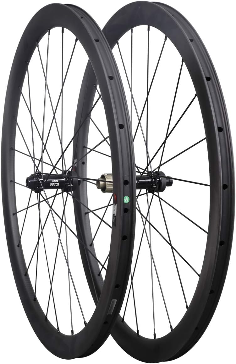 ICAN Carbon Road Bike Disc Wheelset BD40 50 55 mm Clincher Tubeless Ready 25mm Center Lock Thru Axle 12×100/12×142mm