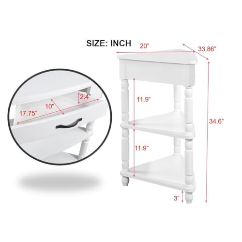 Knocbel Corner Table for Small Spaces, Triangle Side Table TV Stand with Small Drawer and Storage Shelves, Easy Assembly (Milk White)