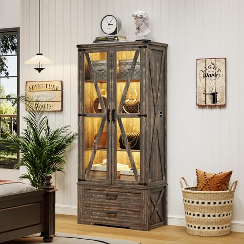 Farmhouse Storage Cabinet 68" Tall, Large Wood Kitchen Pantry Cabinet with Drawers & Shelves, LED Display Cabinet Bookcase for Living Room/Bedroom/Office, Antique White