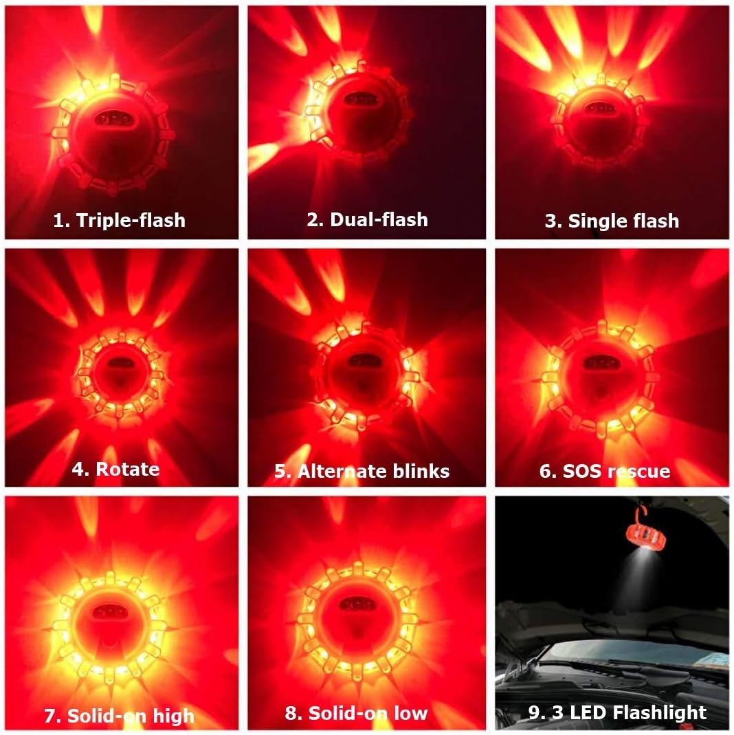 USB Rechargeable LED Road Flares Car Emergency Kit-Roadside Safety Discs Car Warning Safety Beacon Flashing Flares Kit Magnetic Hazard Lights with Window Breaker, Survival Whistle for Vehicles(12)
