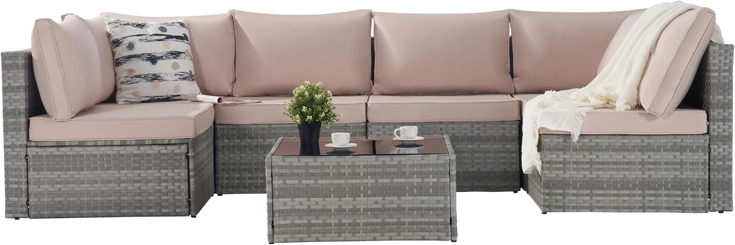 7 Piece Patio Furniture Outdoor Conversation Set, All-Weather PE Rattan Wicker Sectional Sofa w/Coffee Table & Thickness Cushion for Deck, Porch, Terrace, Beige