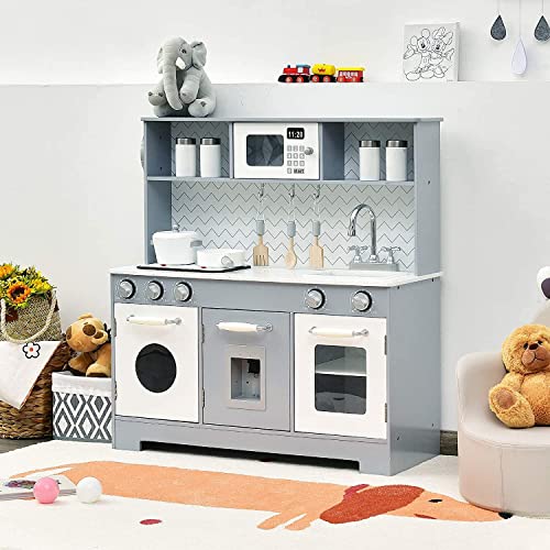 HONEY JOY Kids Kitchen Playset, Wooden Little Chef Pretend Play Toy Kitchen Set, Range Hood & Microwave with Lights, Water Dispenser, Fabric Drawer, Play Kitchen for Toddler Boys Girls, Coffee