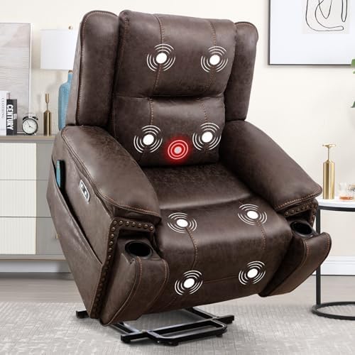 Phoenix Home Dual Motor Power Lift Chair for Elderly, Lift Chairs with Massage and Heat, Leather Electric Chairs for Adults, Recliner Chair with USB, 2 Concealed Cup Holders, Brown