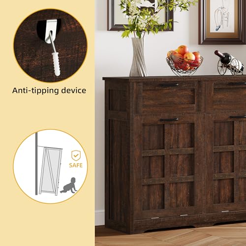 DWVO Double Trash Can Kitchen, Tilt Out Trash Can Cabinet with Drawers, Kitchen Island with Trash Can Storage, Hidden Trash Can Cabinet 20 Gallon, Laundry Hamper Cabinet, Brown Oak