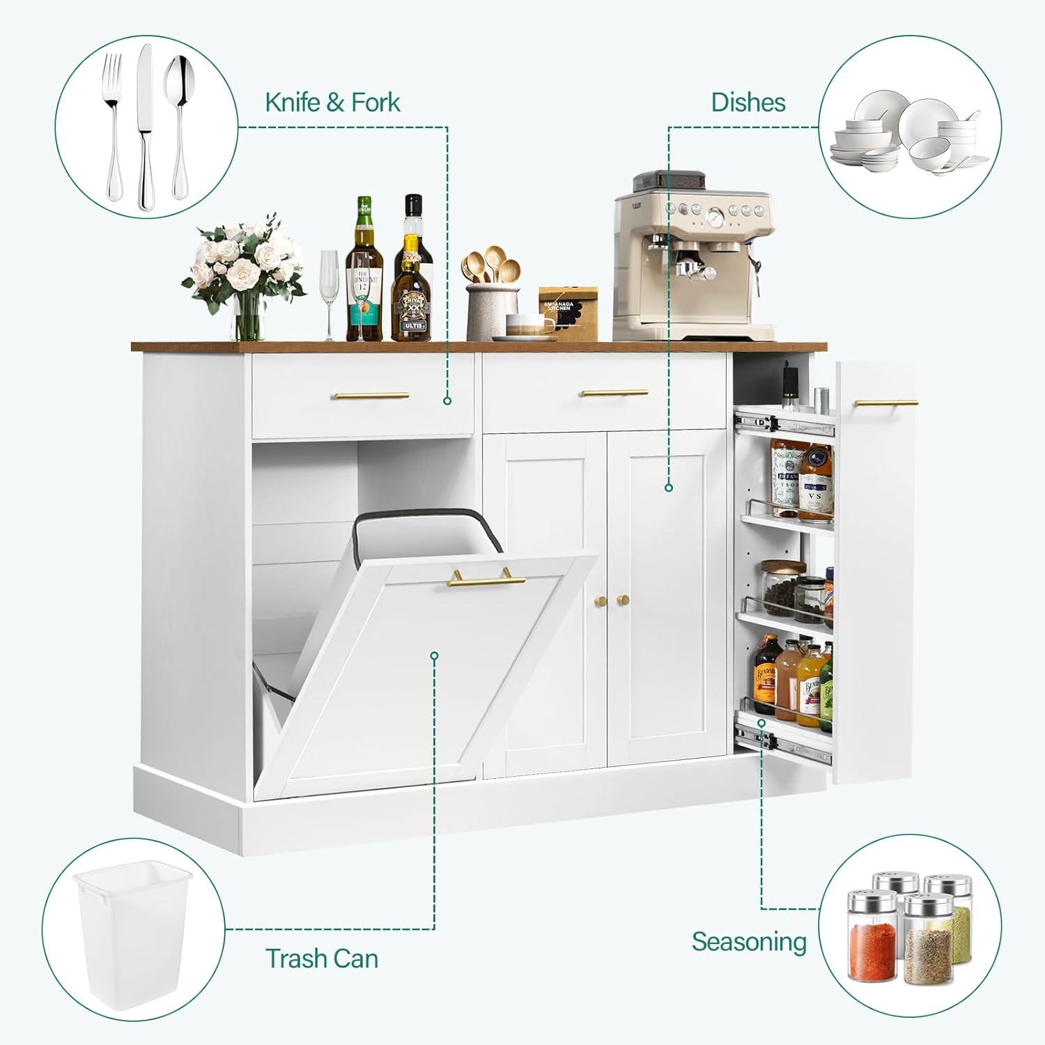 4 EVER WINNER Rolling Kitchen Island with Pull Out Spice Rack, Portable Kitchen Island Cart with Tilt Out Trash Can Cabinet, 2 Drawers, Large Kitchen Island with Storage for Kitchen, White