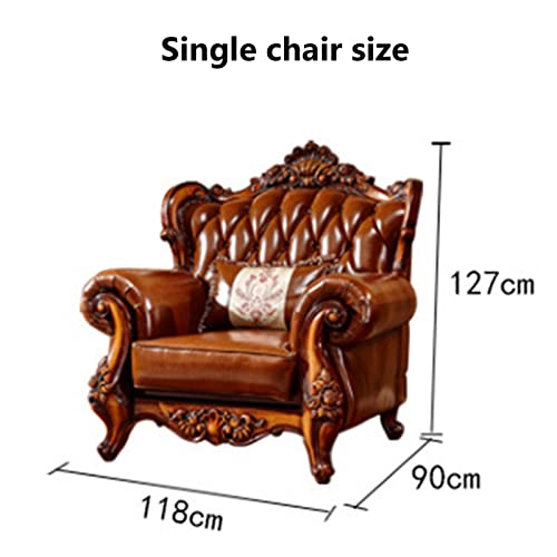 European-Style Leather Sofa, Solid Wood Carved High-end American-Style Sofa Villa Living Room Furniture Suitable for Villa Living Room with Pillows Stool