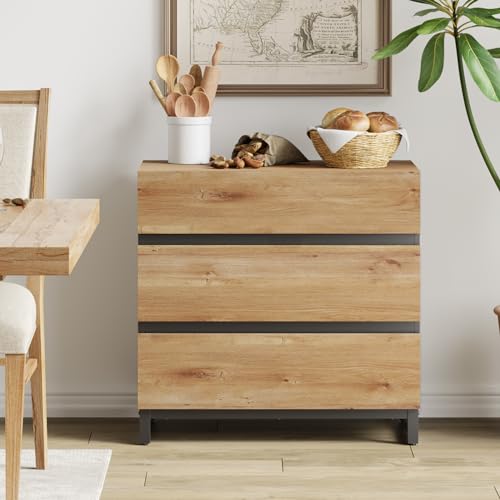 WAMPAT Modern Buffet Sideboards, Sideboard Buffet Cabinet with 3 Drawers and Metal Base, Coffee Bar Storage Cabinet for Kitchen, Buffet Cabinet for Living Room,Brown