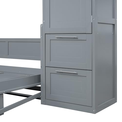 SOFTSEA Queen Size Horizontal Murphy Bed, Queen Murphy Bed with Desk Wardrobe Storage Shelf, Queen Hideaway Wall Bed with Drawers Space-Saving for Guest Room Bedroom or Office, Gray