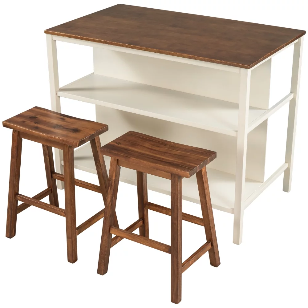 Rustic Stationary Kitchen Island Set with 2 Stools, Solid Wood Rubber Butcher Block Dining Prep Table Open Shelves for Small Places, Walnut+Cream White