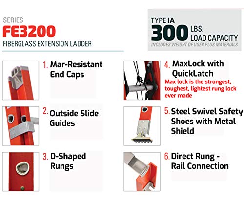 Louisville Ladder FE3224 Foot Extension Ladder, 24 ft, Orange