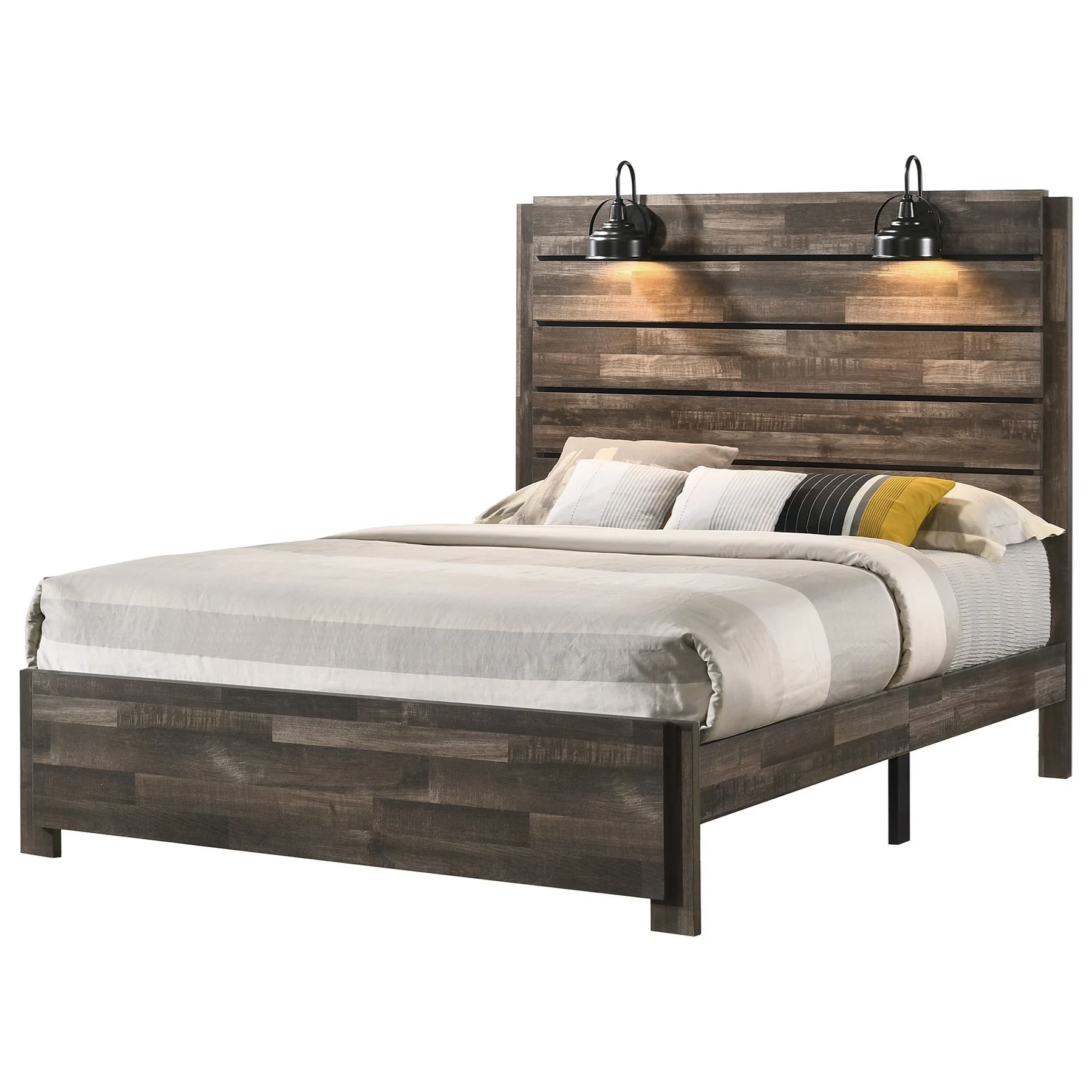 Contemporary Rustic Brown Finish King Size 3Pc Panel Built in Lighting Headboard Bed and Nightstand Set Wooden Bedroom Furniture